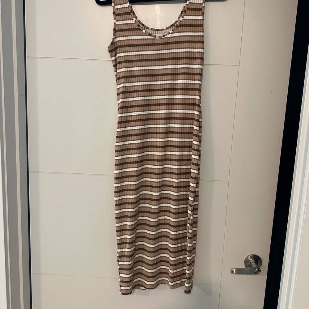 Derek Heart Brown and White Striped Midi Dress